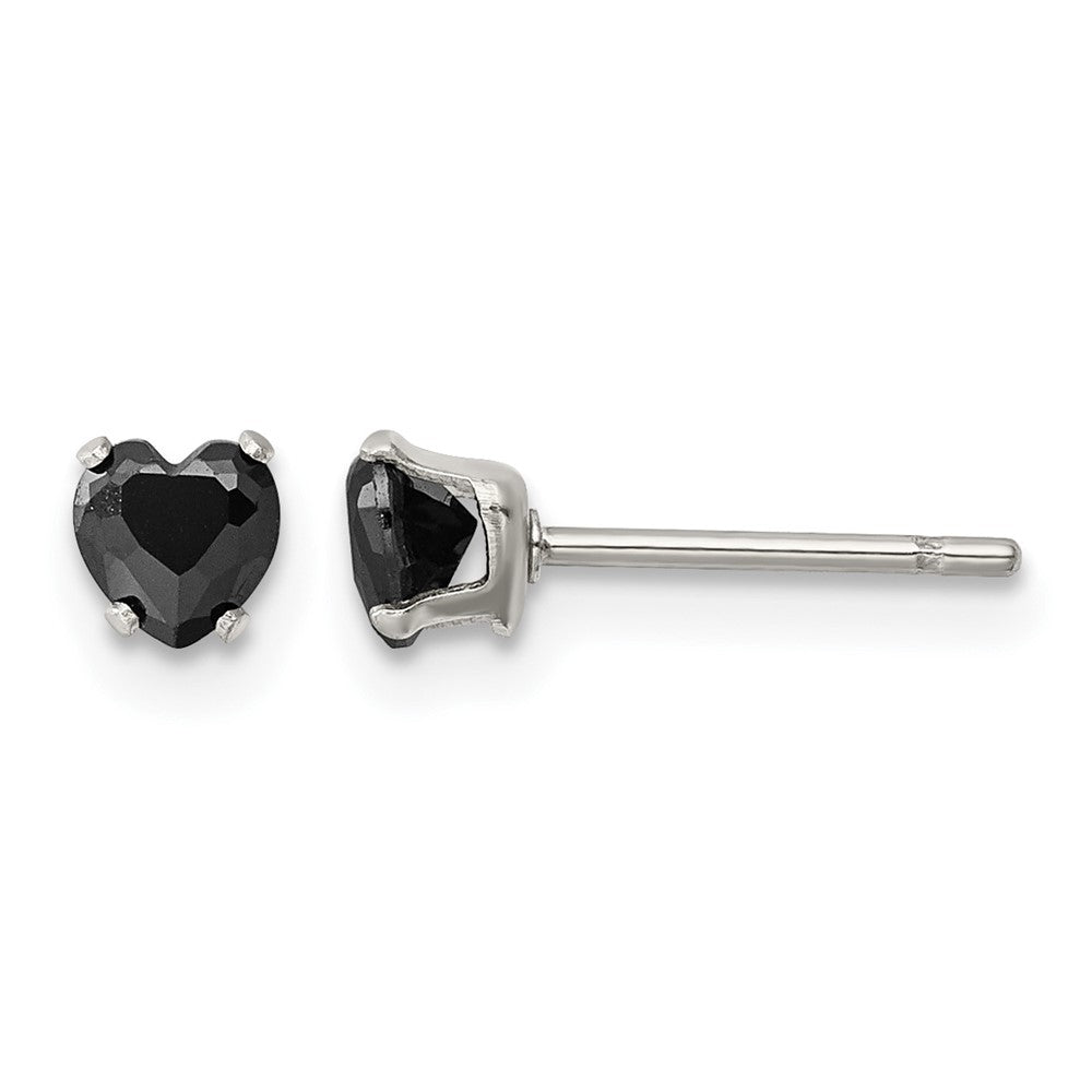 Chisel Stainless Steel Polished 4mm Black Heart CZ Stud Post Earrings, 4.31 x 4 mm