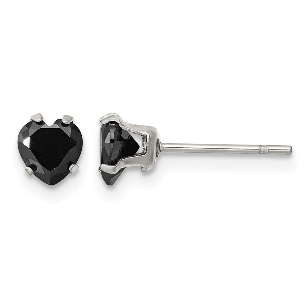 Chisel Stainless Steel Polished 5mm Black Heart CZ Stud Post Earrings, 5.24 x 4.9 mm