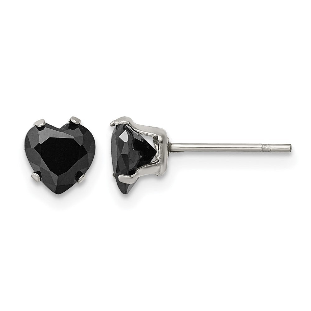 Chisel Stainless Steel Polished 6mm Black Heart CZ Stud Post Earrings, 6.22 x 6 mm