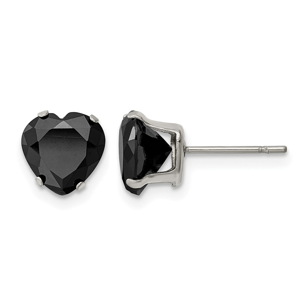 Chisel Stainless Steel Polished 8mm Black Heart CZ Stud Post Earrings, 8.27 x 7.98 mm