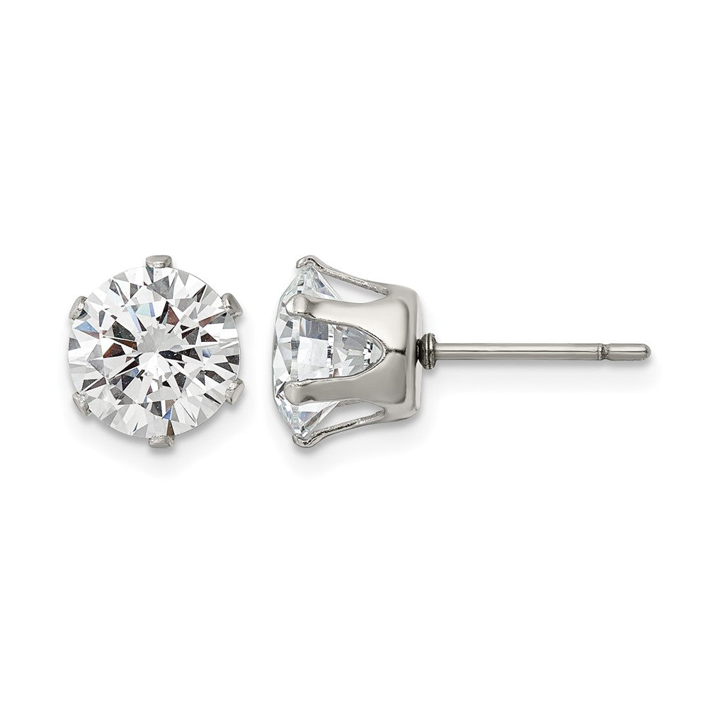 Chisel Stainless Steel Polished 8mm Round CZ Stud Post Earrings, 8.89 x 8.2 mm