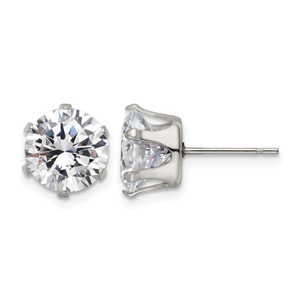Chisel Stainless Steel Polished 9mm Round CZ Stud Post Earrings, 10.05 x 9.07 mm