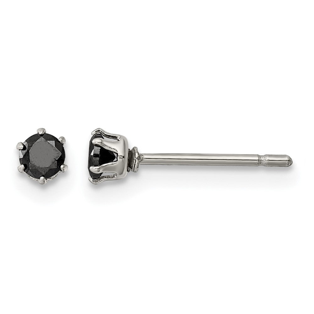 Chisel Stainless Steel Polished 3mm Black Round CZ Stud Post Earrings, 3.32 x 3.18 mm