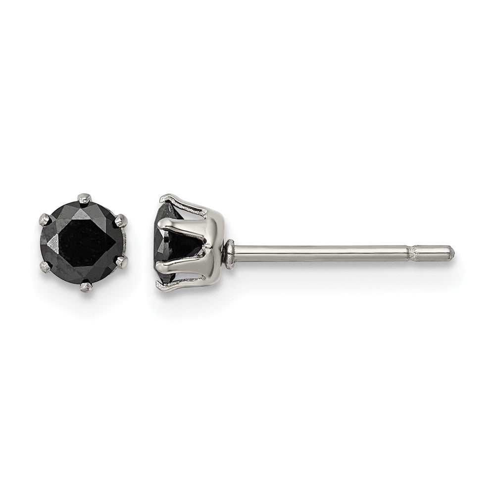 Chisel Stainless Steel Polished 4mm Black Round CZ Stud Post Earrings, 4.63 x 4.19 mm