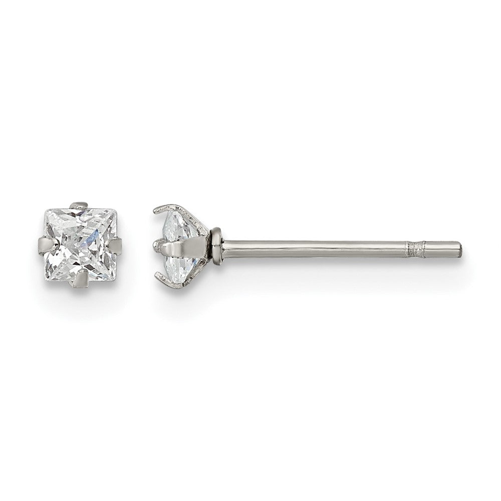 Chisel Stainless Steel Polished 3mm Square CZ Stud Post Earrings, 3.43 x 3.56 mm