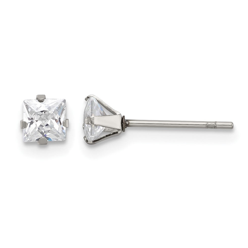 Chisel Stainless Steel Polished 4mm Square CZ Stud Post Earrings, 4.54 x 4.53 mm