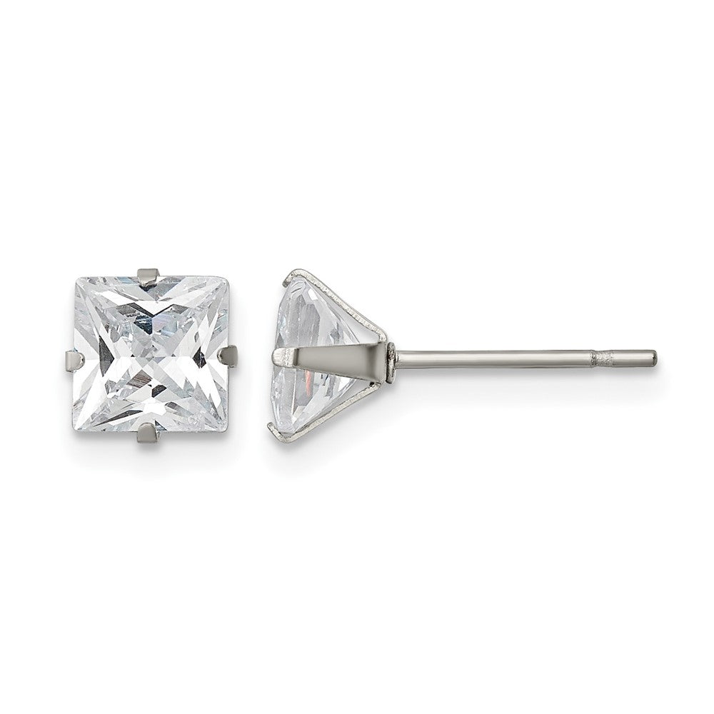 Chisel Stainless Steel Polished 6mm Square CZ Stud Post Earrings, 6.63 x 6.63 mm