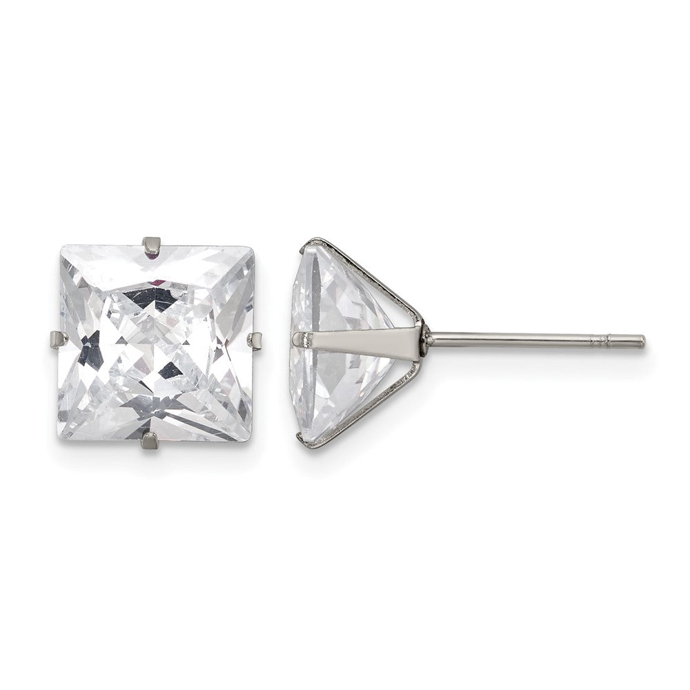 Chisel Stainless Steel Polished 9mm Square CZ Stud Post Earrings, 9.56 x 9.53 mm
