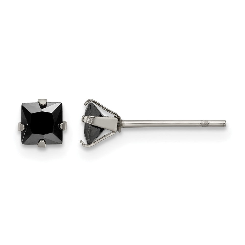 Chisel Stainless Steel Polished 4mm Black Square CZ Stud Post Earrings, 4.54 x 4.55 mm