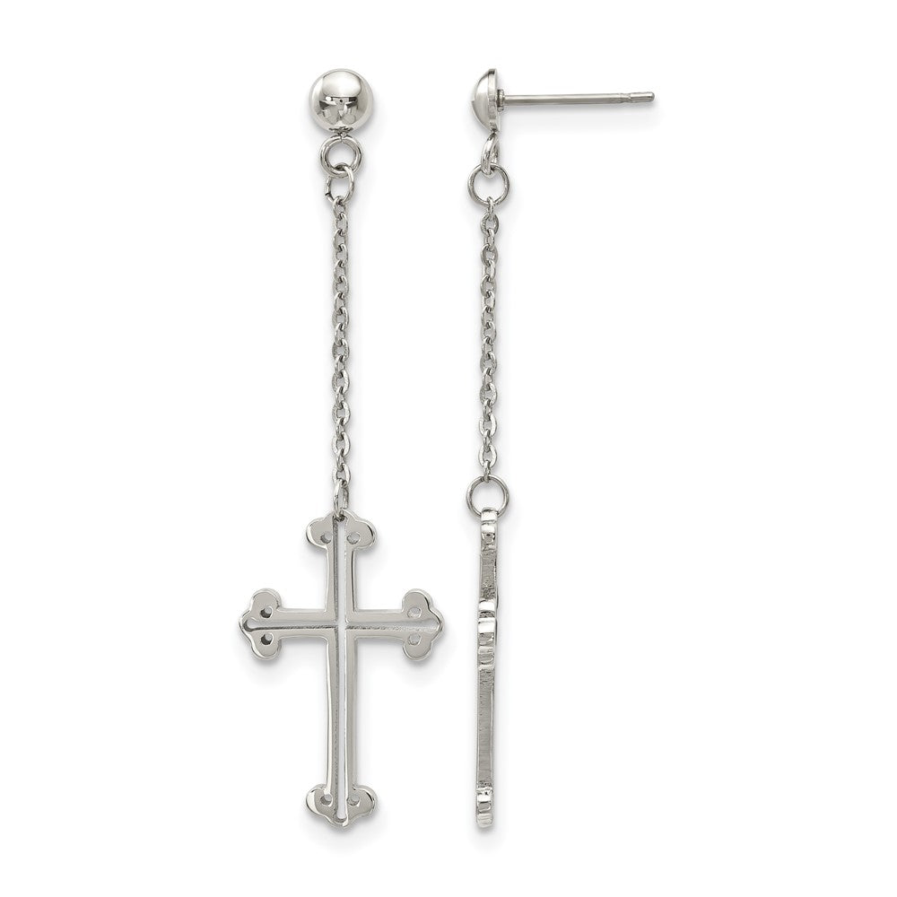 Stainless Steel Polished Cross Post Dangle Earrings, 57.76 x 15.47 mm