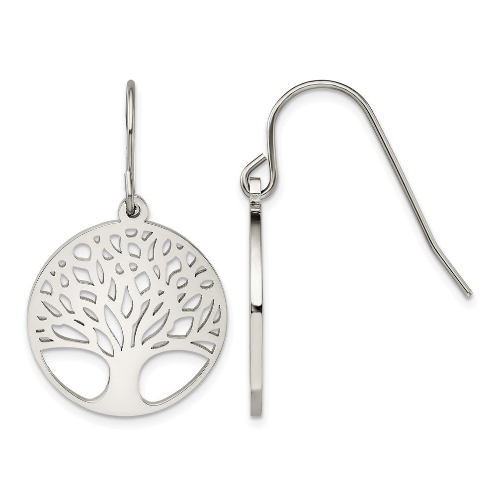 Chisel Stainless Steel Polished Tree of Life Cut-out Shepherd Hook Earrings, 32.98 x 19.84 mm