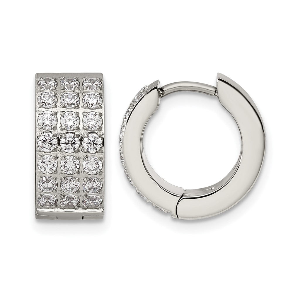 Chisel Stainless Steel Polished with 3 Rows of CZ 2.4mm Hinged Hoop Earrings, 13.4 x 14.88 mm