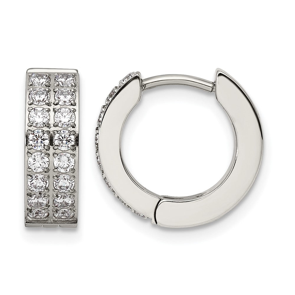 Chisel Stainless Steel Polished with 2 Rows of CZ 2.3mm Hinged Hoop Earrings, 13.47 x 14.55 mm