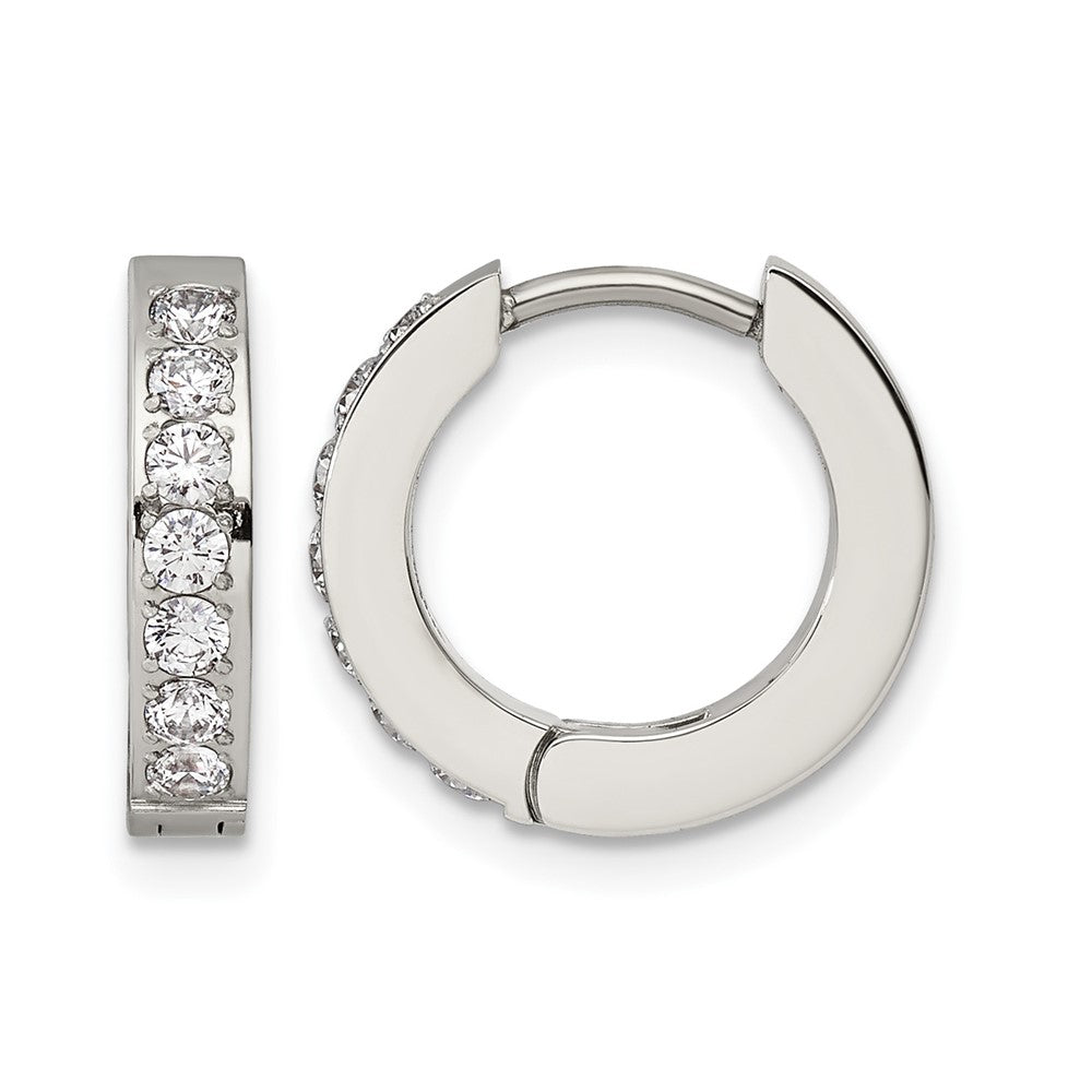 Chisel Stainless Steel Polished with 1 Row of CZ 2.3mm Hinged Hoop Earrings, 13.4 x 14.9 mm