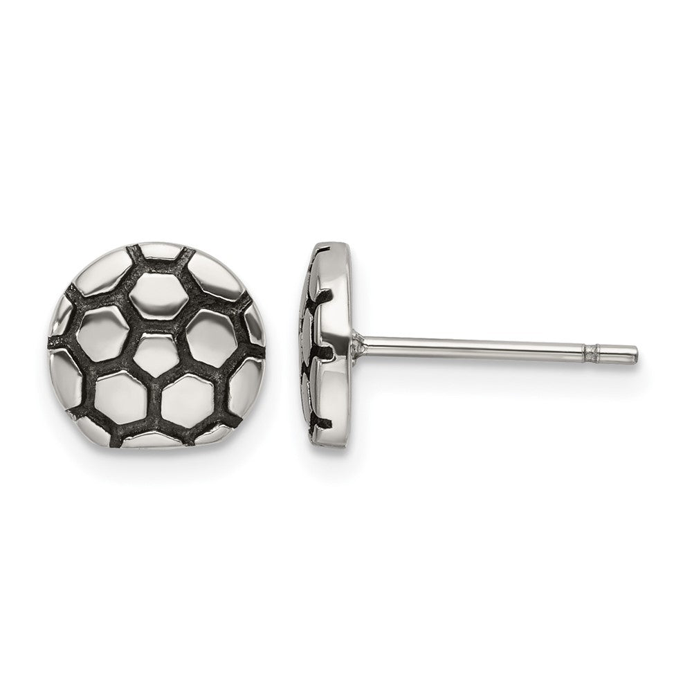 Chisel Stainless Steel Antiqued and Polished Soccer Ball Post Earrings, 9.22 x 9.07 mm