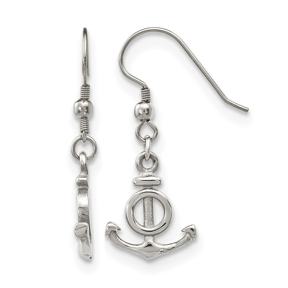 Stainless Steel Polished Anchor Dangle Shepherd Hook Earrings, 33.02 x 13.51 mm