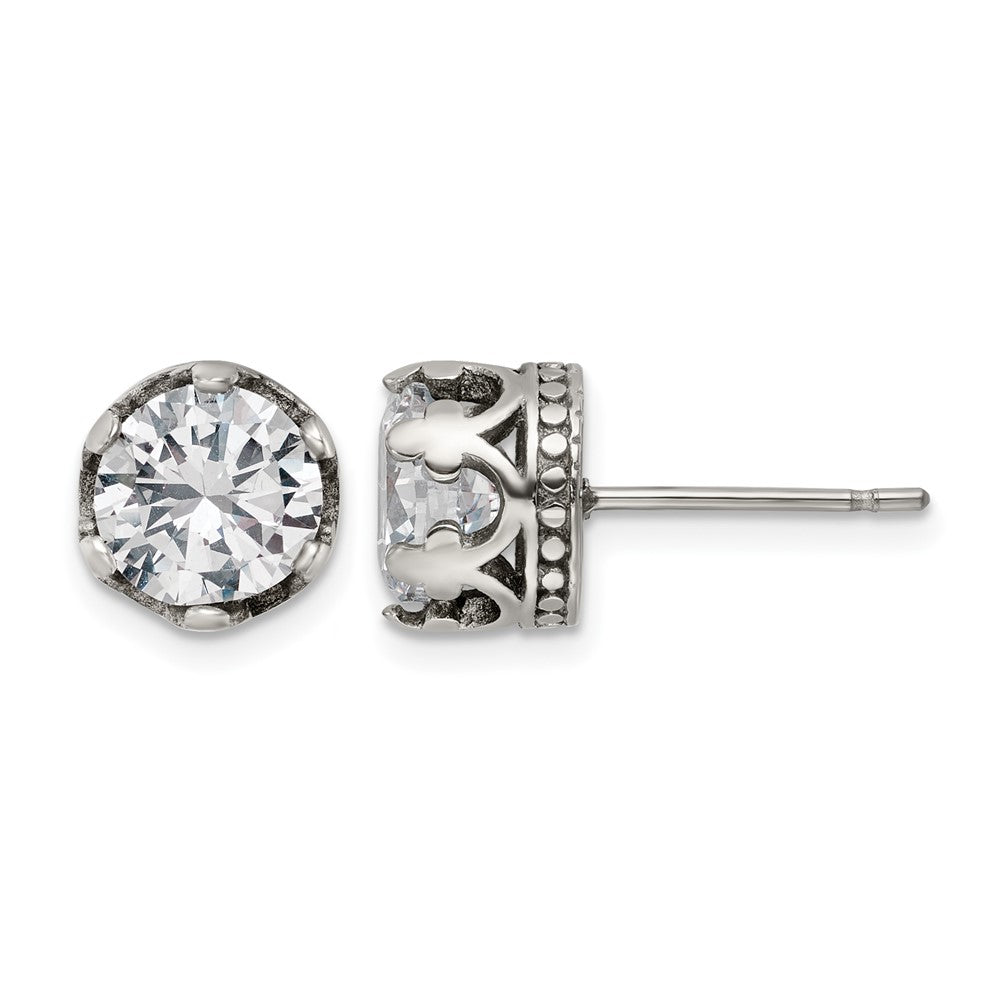Chisel Stainless Steel Antiqued and Polished CZ Crown Post Earrings, 9.05 x 9.17 mm