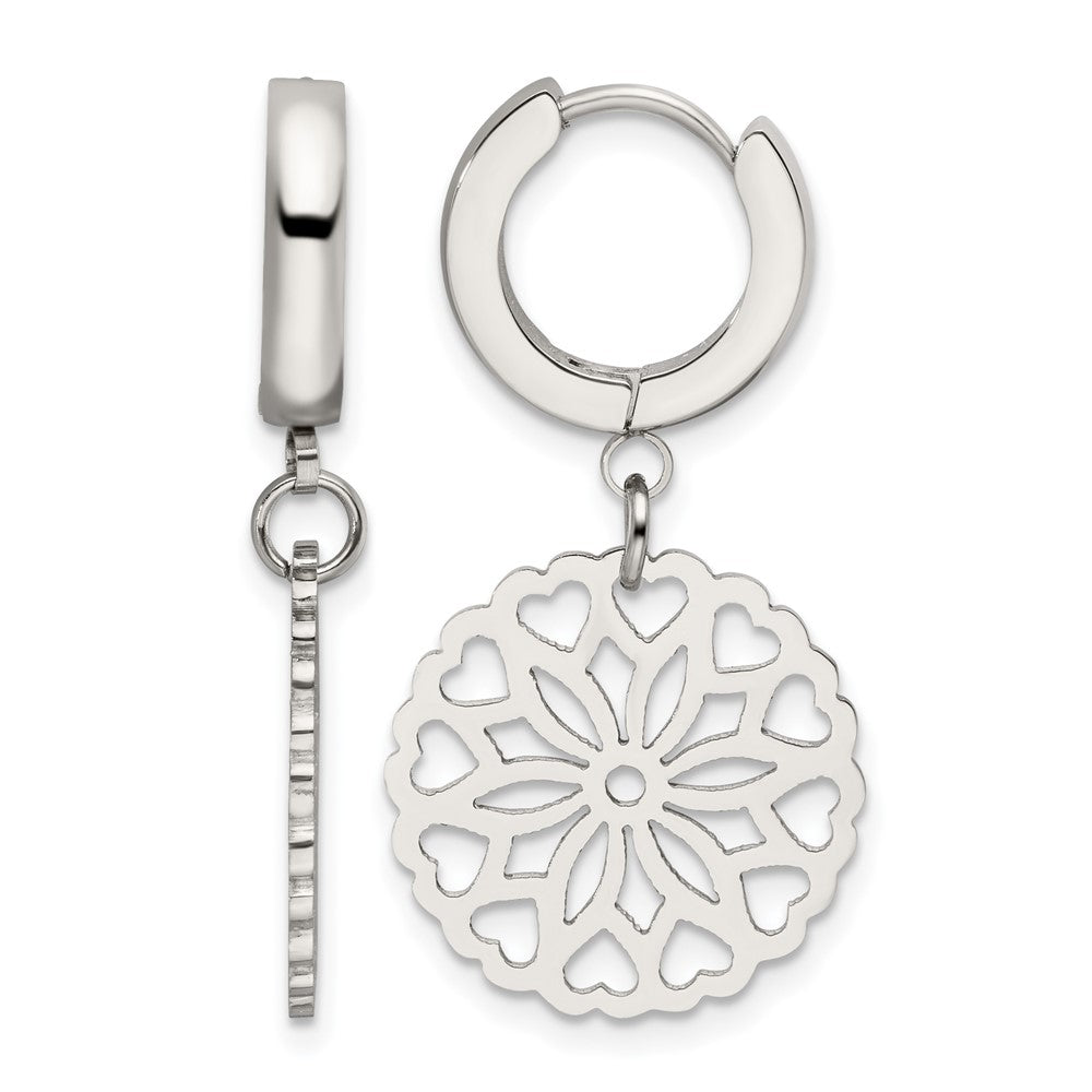 Chisel Stainless Steel Polished Flower Dangle Hinged Hoop Earrings, 36.32 x 13.3 mm