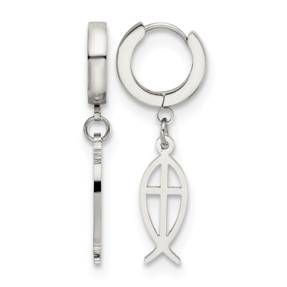 Chisel Stainless Steel Polished Ichthus Hinged Hoop Dangle Earrings, 36.97 x 13.36 mm