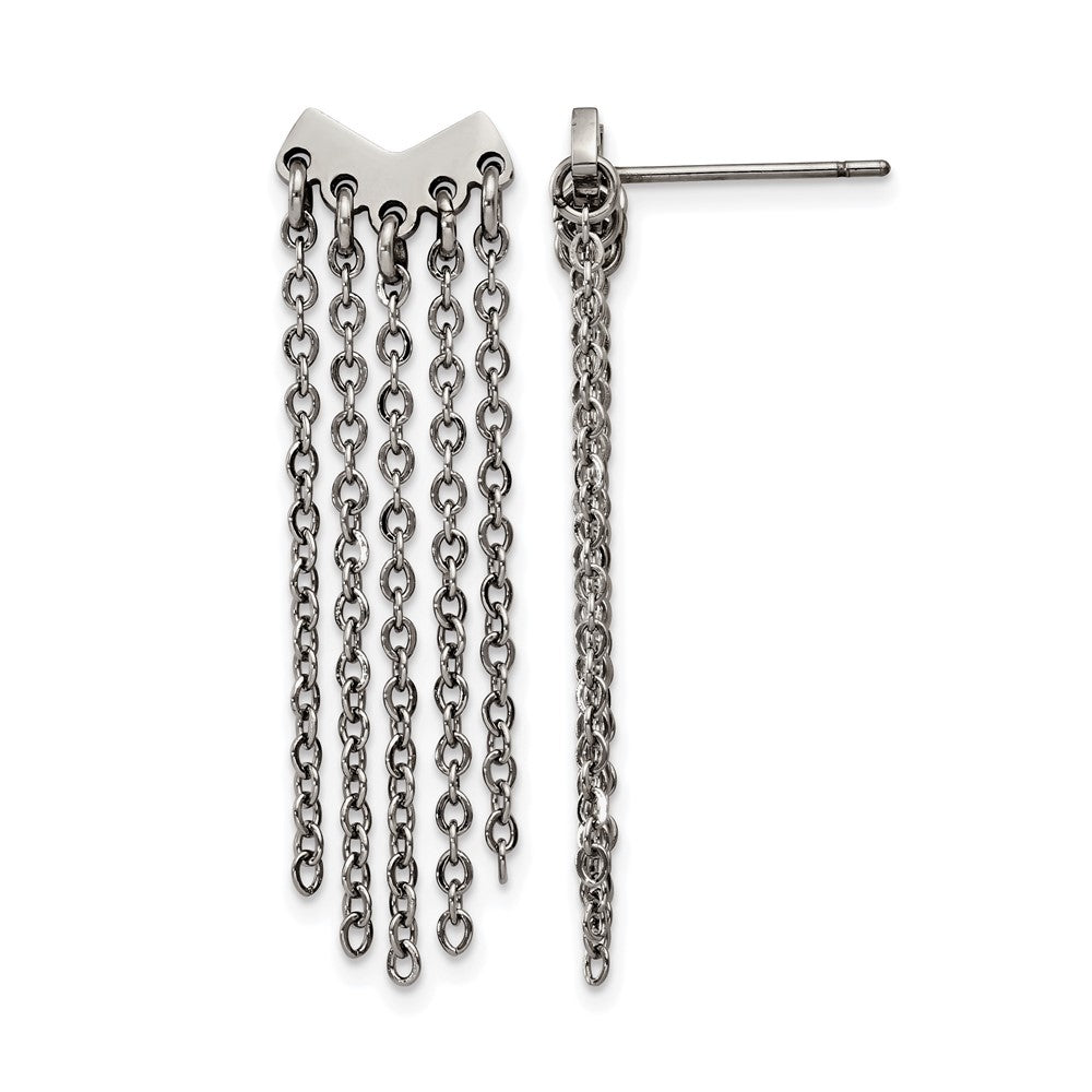 Stainless Steel Polished with Dangle Chain Post Earrings, 35.28 x 9.39 mm