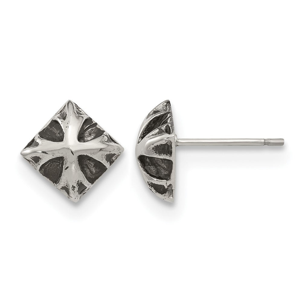 Stainless Steel Antiqued and Polished Post Earrings, 8.3 x 3.2 mm