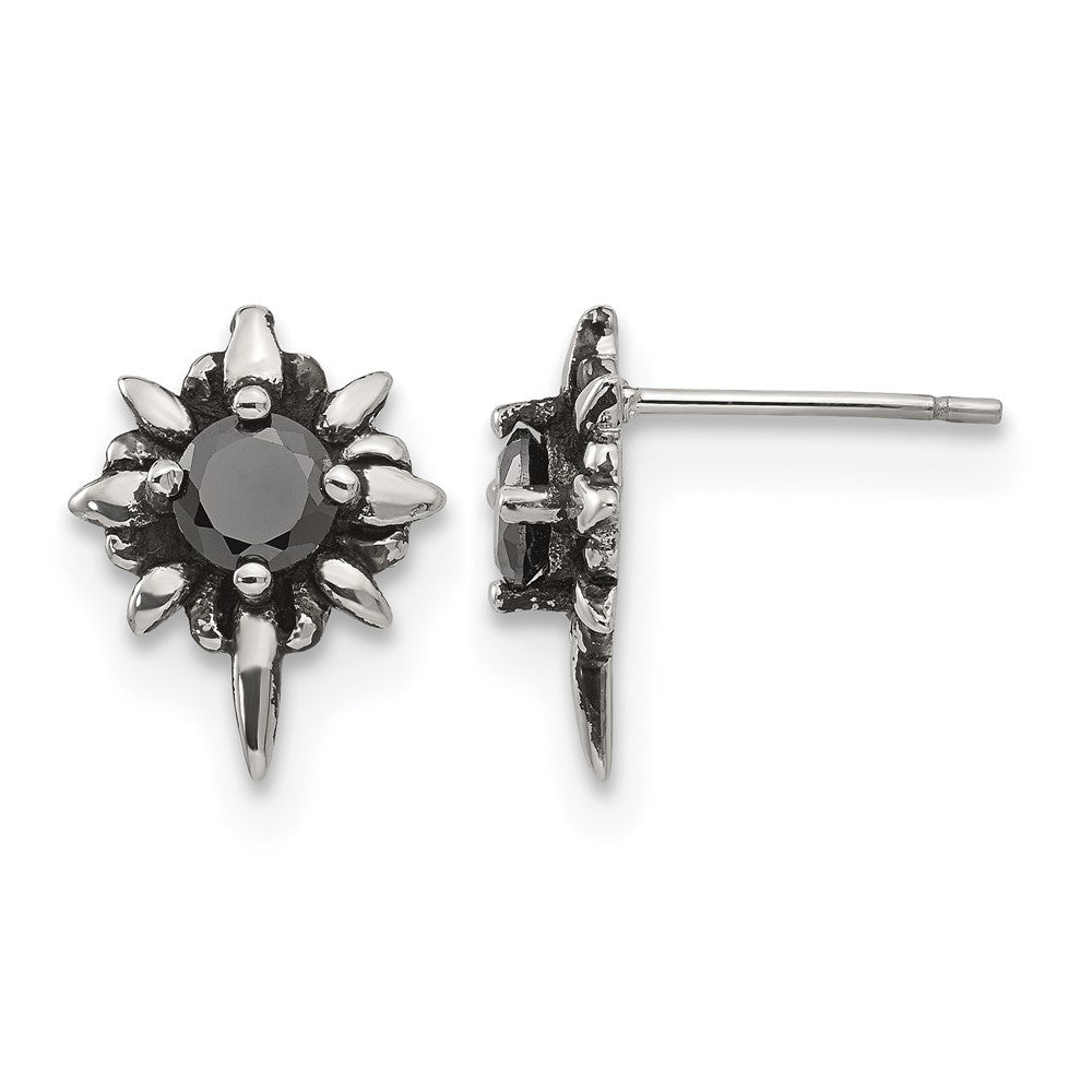 Chisel Stainless Steel Antiqued and Polished with Black CZ Post Earrings, 15.2 x 3.5 mm