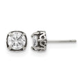 Chisel Stainless Steel Antiqued and Polished CZ Post Earrings, 8 x 8 mm, 2.24 g
