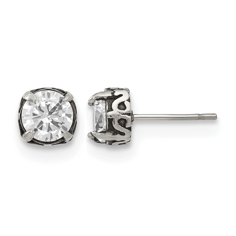 Chisel Stainless Steel Antiqued and Polished CZ Post Earrings, 8 x 8 mm, 2.24 g