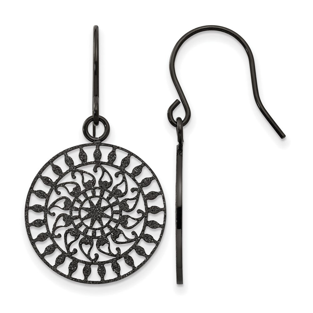 Stainless Steel Polished Black IP-plated Laser Cut Shepherd Hook Earrings, 24.1 x 20.1 mm