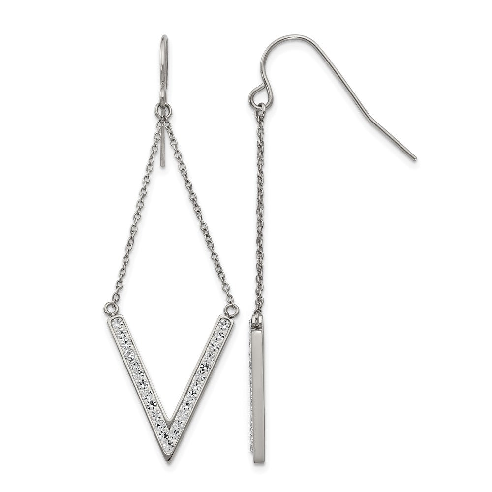 Chisel Stainless Steel Polished with Preciosa Crystal V-shape Dangle Shepherd Hook Earrings, 20.5 x 1.9 mm