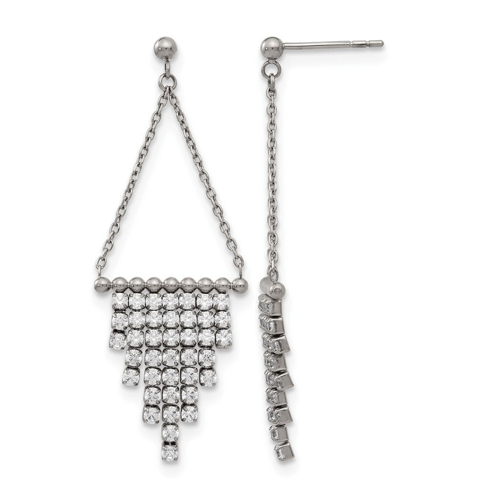 Stainless Steel Polished CZ Dangle Post Earrings, 52 x 19 mm