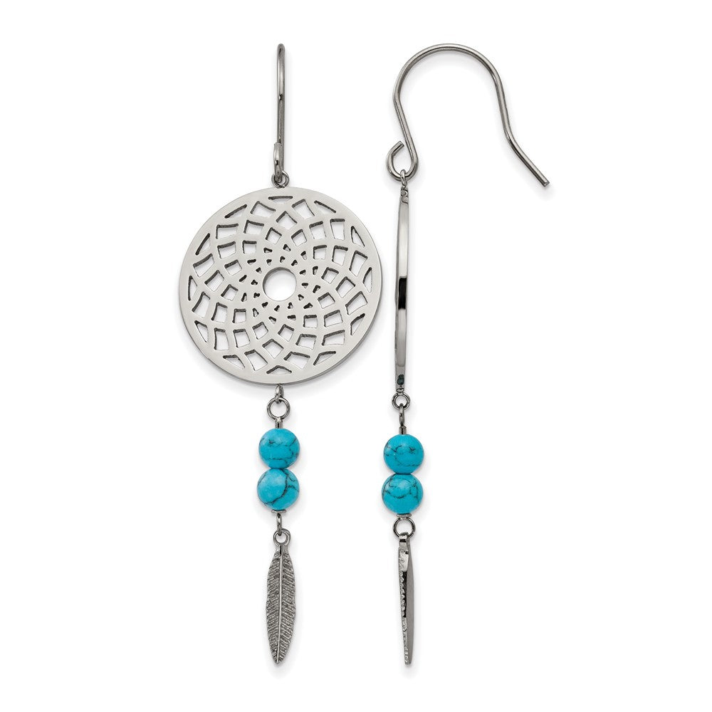 Stainless Steel Polished w/Imit.Turquoise Dreamcatcher Dangle Earrings, 68.23 x 22.15 mm