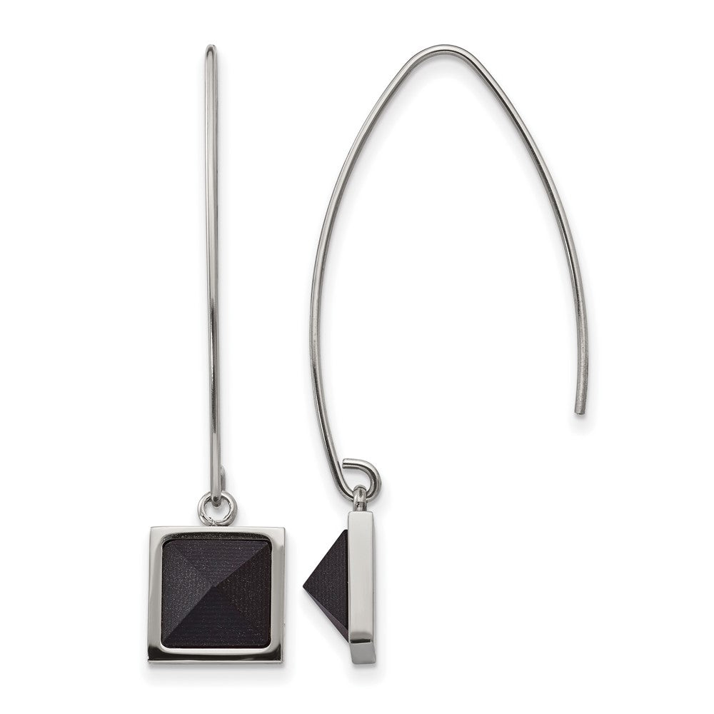 Stainless Steel Polished w/Blk Carbon Fiber Dangle Shepherd Hook Earrings, 35.5 x 10.1 mm