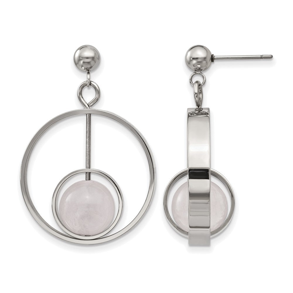 Stainless Steel Polished with Rose Quartz Moveable Post Dangle Earrings, 37.15 x 25.08 mm