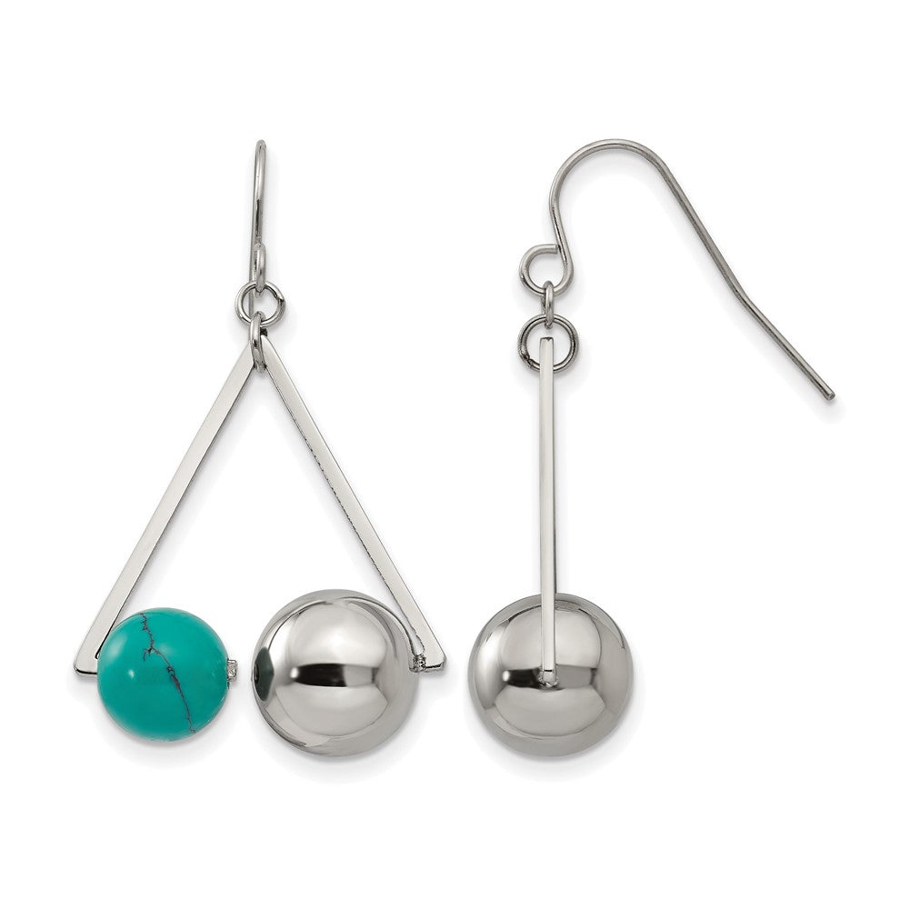 Stainless Steel Polished ImitationTurquoise Bead Triangle Dangle Earrings, 16.5 x 10.18 mm