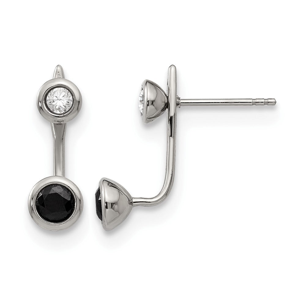 Stainless Steel Polished Black and White CZ Post Earrings, 19 x 6 mm