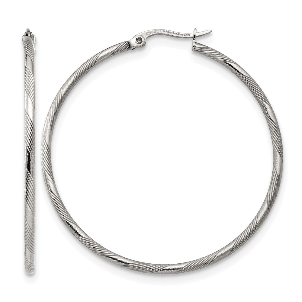 Chisel Stainless Steel Polished and Textured Hinged Hoop Earrings, 40 x 47 mm