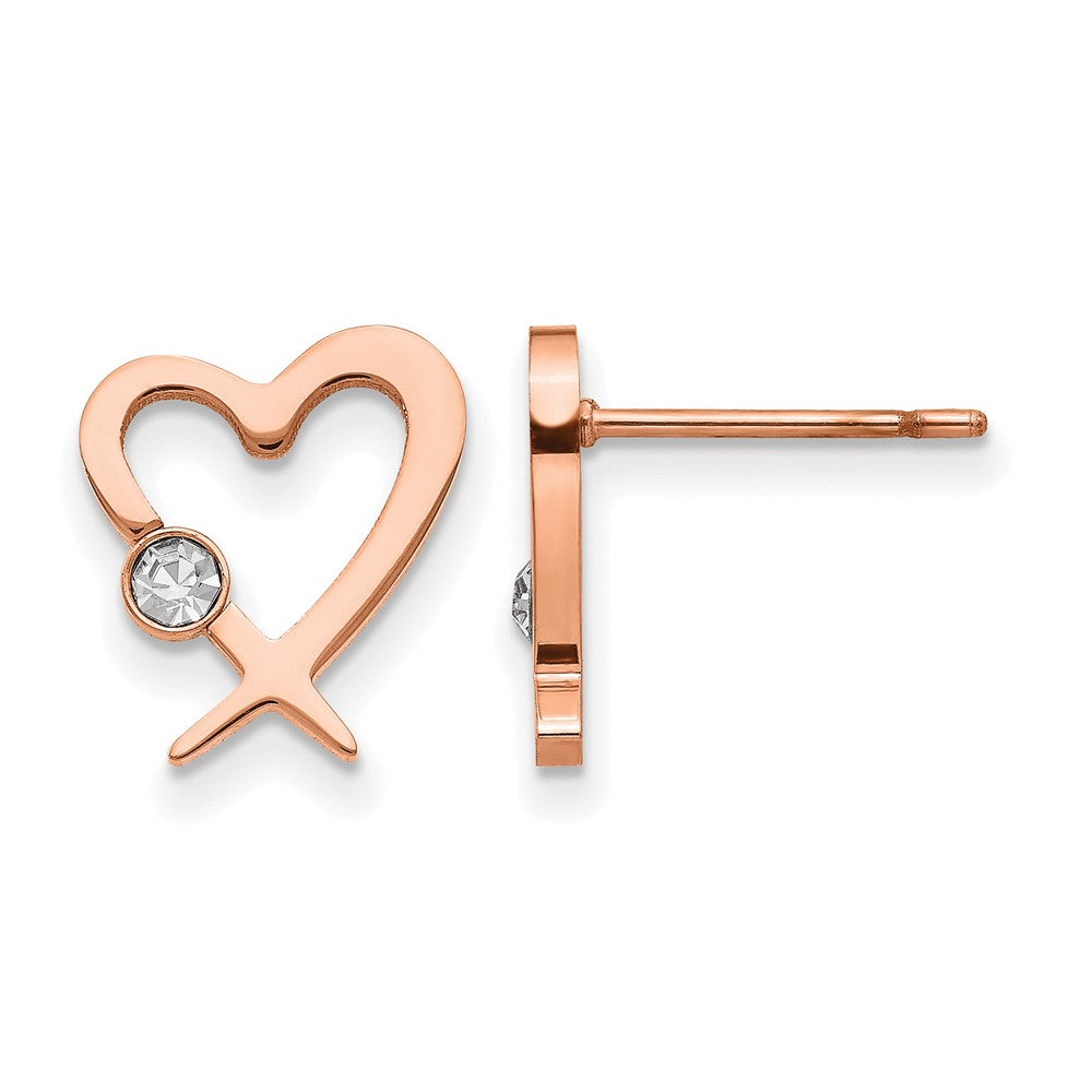 Chisel Stainless Steel Polished Rose IP-plated with Crystal Heart Post Earrings, 11.7 x 10.6 mm