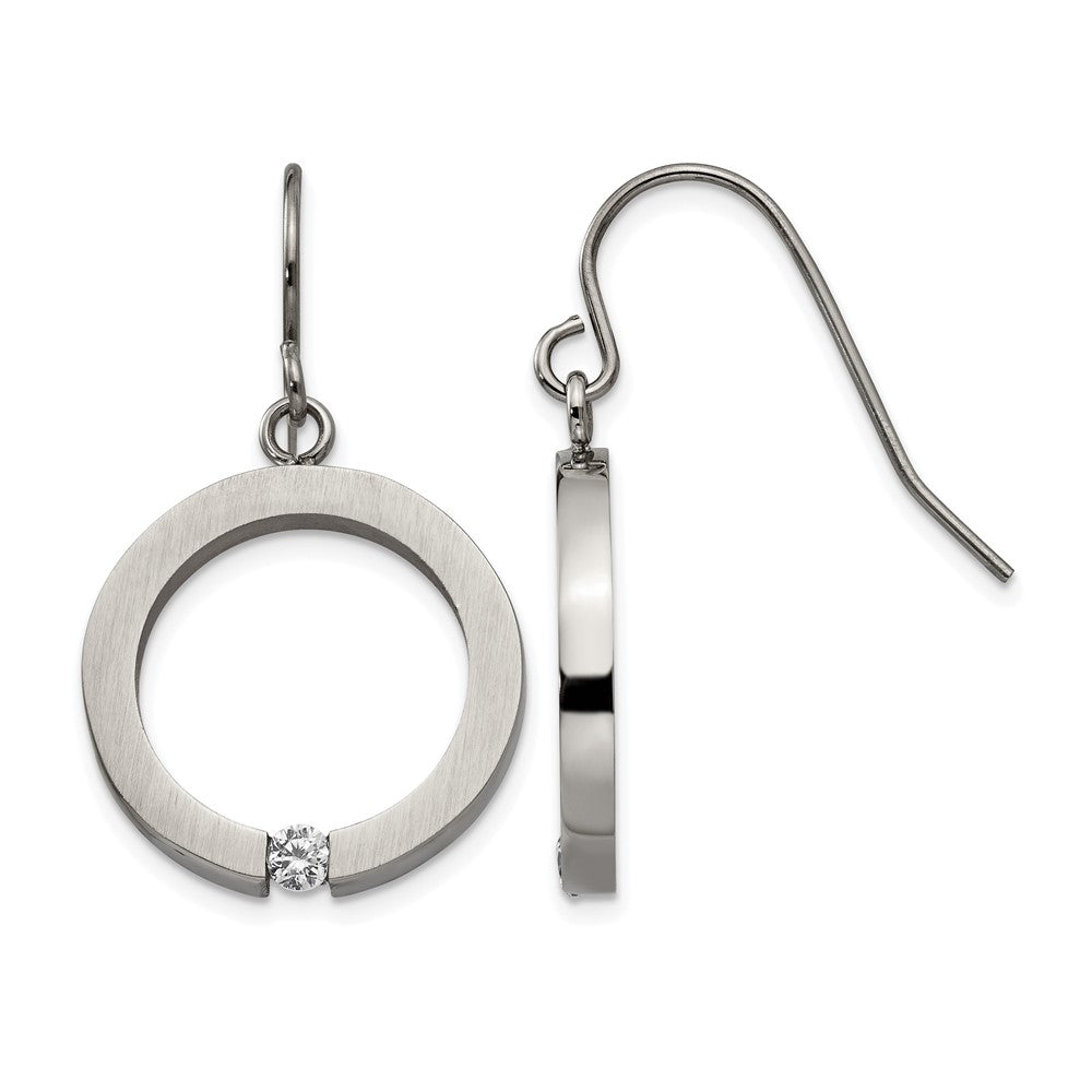 Stainless Steel Brushed and Polished w/CZ Circle Shepherd Hook Earrings, 20 x 2.4 mm