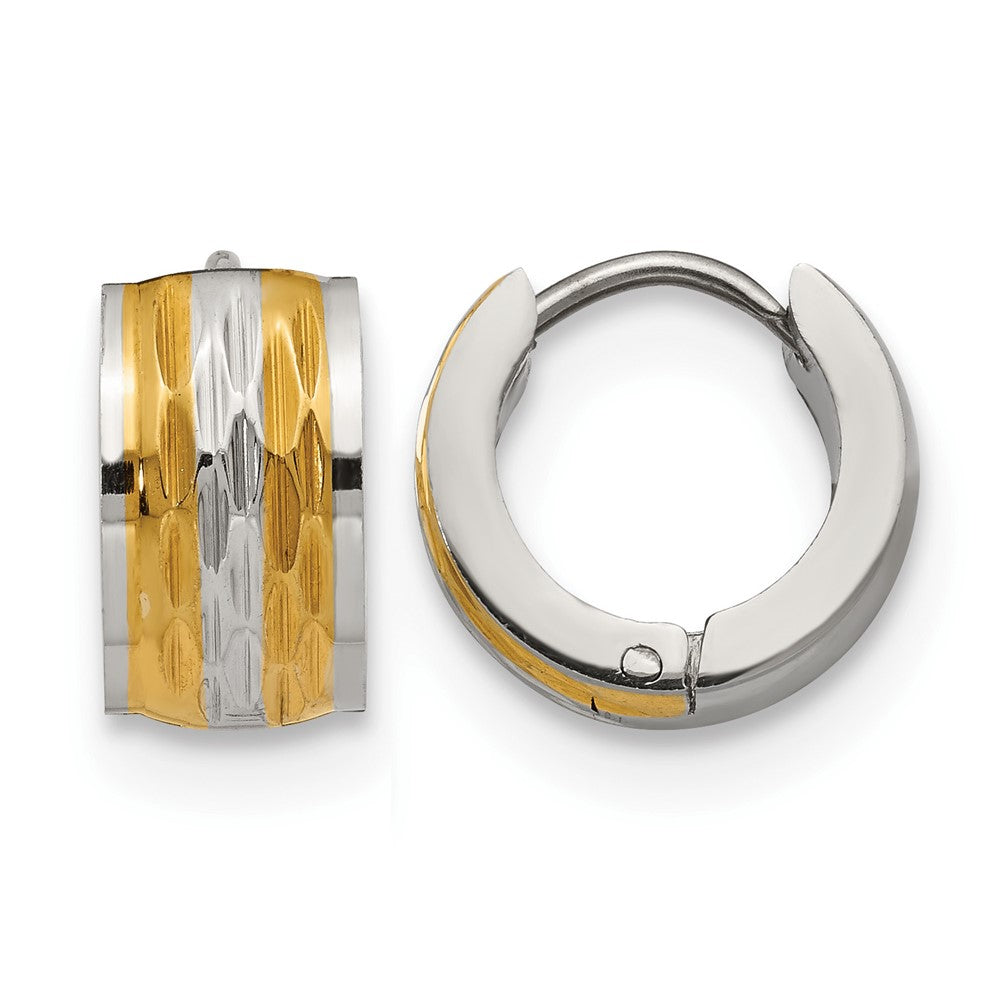 Chisel Stainless Steel Polished and Textured Yellow IP-plated 7mm Hinged Hoop Earrings, 13 x 13 mm