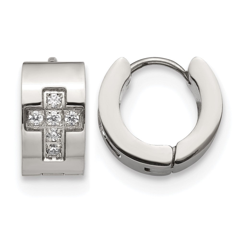 Chisel Stainless Steel Polished with CZ Cross 7mm Hinged Hoop Earrings, 12 x 13 mm