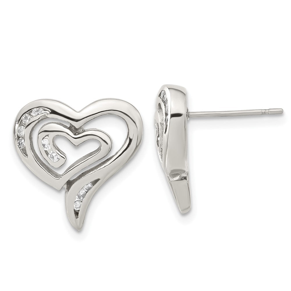 Stainless Steel CZ Heart Earrings, 17 x 15 mm