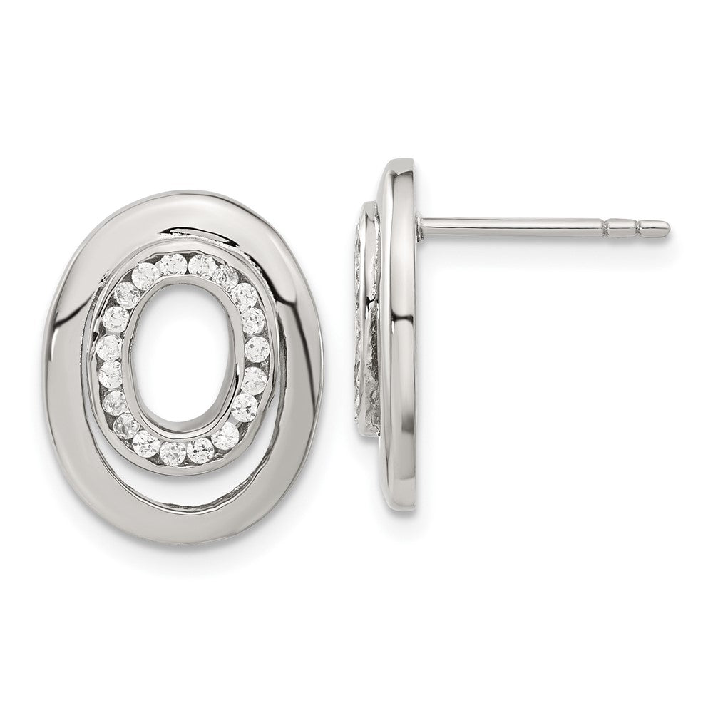 Stainless Steel CZ Double Oval Earrings, 17 x 13 mm