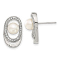 Stainless Steel Simulated Pearl & CZ Oval Earrings, 18 x 11 mm