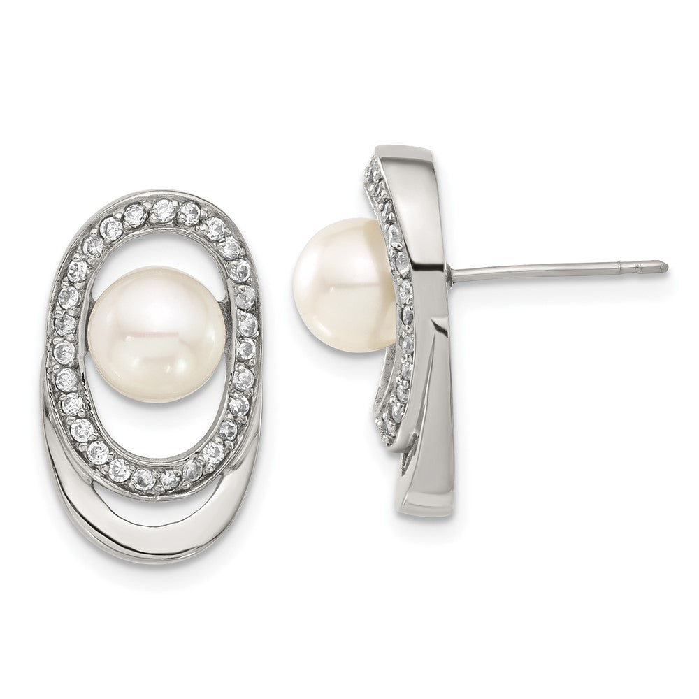 Stainless Steel Simulated Pearl & CZ Oval Earrings, 18 x 11 mm