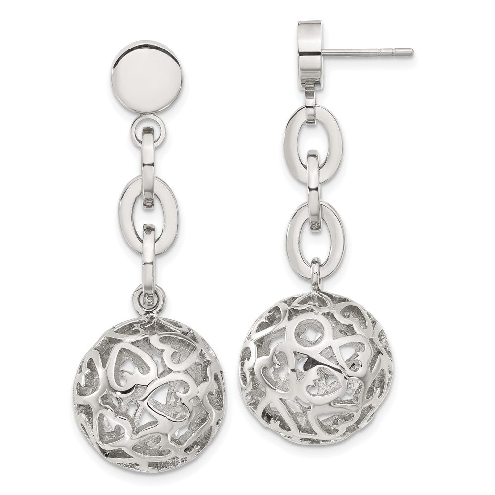 Stainless Steel Heart Cutouts Puffed Circle Post Dangle Earrings, 36 x 17 mm
