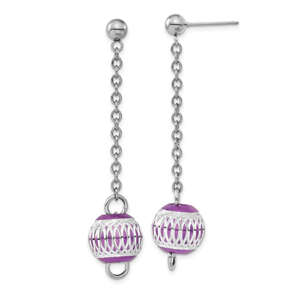 Stainless Steel Purple IP-plated Diamond-cut Bead Post Dangle Earrings, 49 x 12 mm