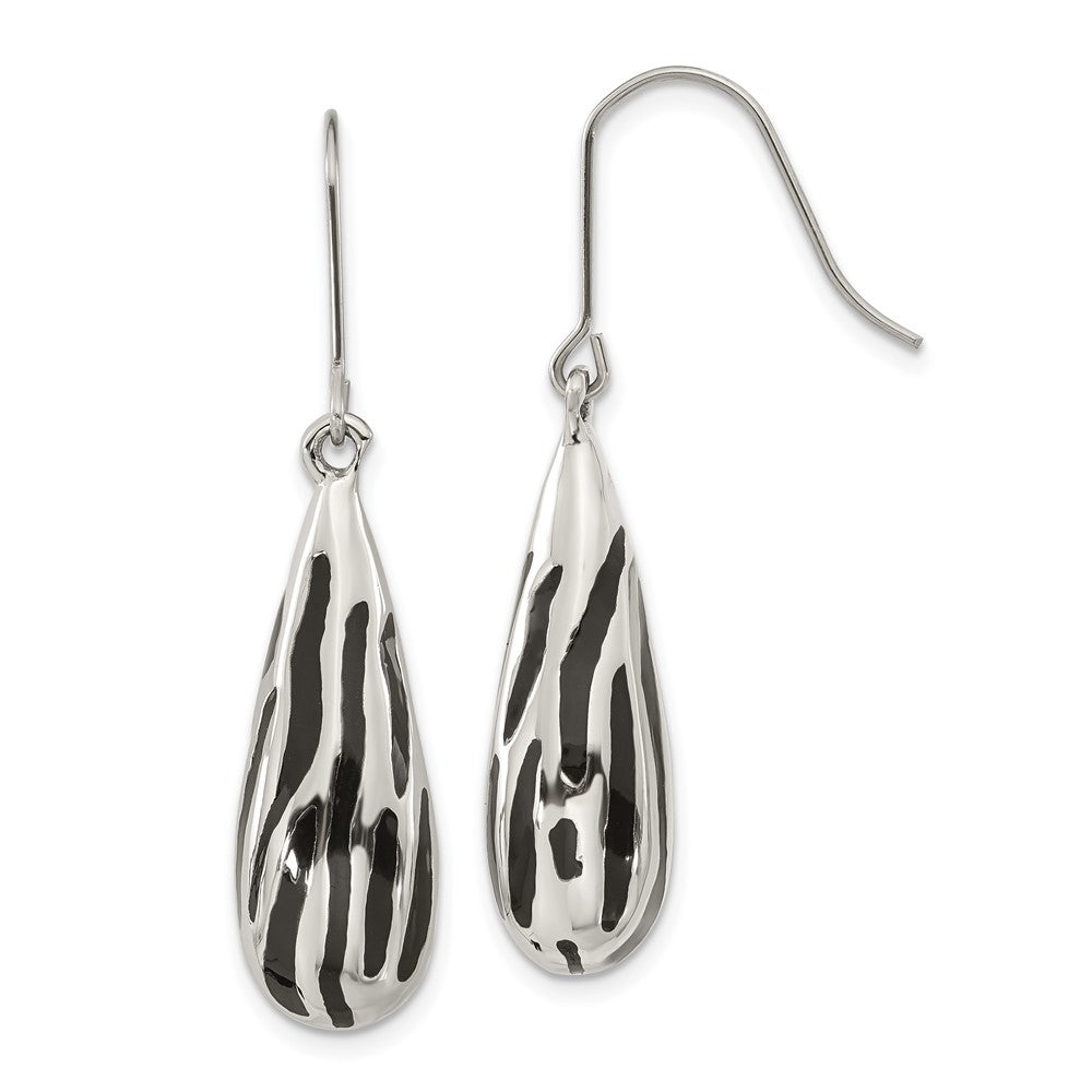 Stainless Steel Black Resin Striped Polished Teardrop Dangle Earrings, 45.6 x 9.4 mm