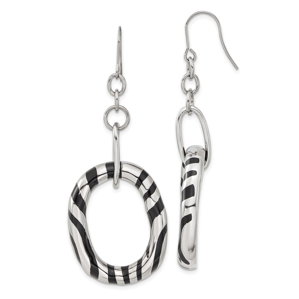 Stainless Steel Black Enamel Striped Oval Dangle Earrings, 69.4 x 26.8 mm