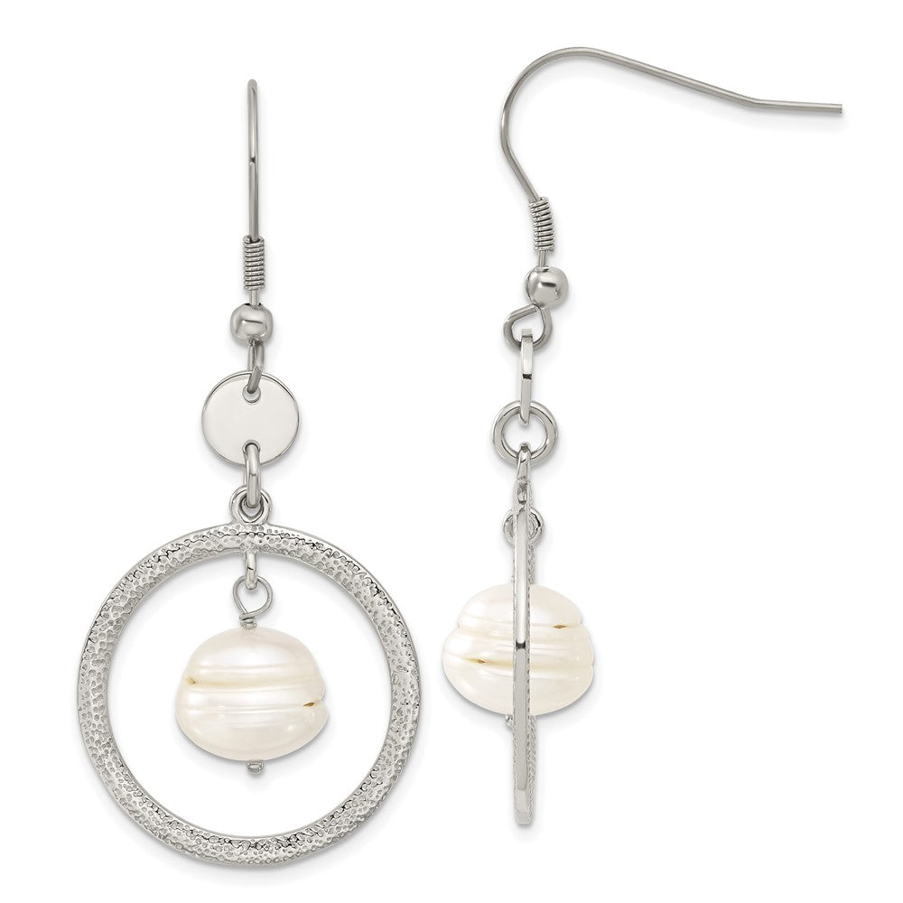 Stainless Steel FW Cultured Pearl Circle Dangle Earrings, 47 x 19 mm